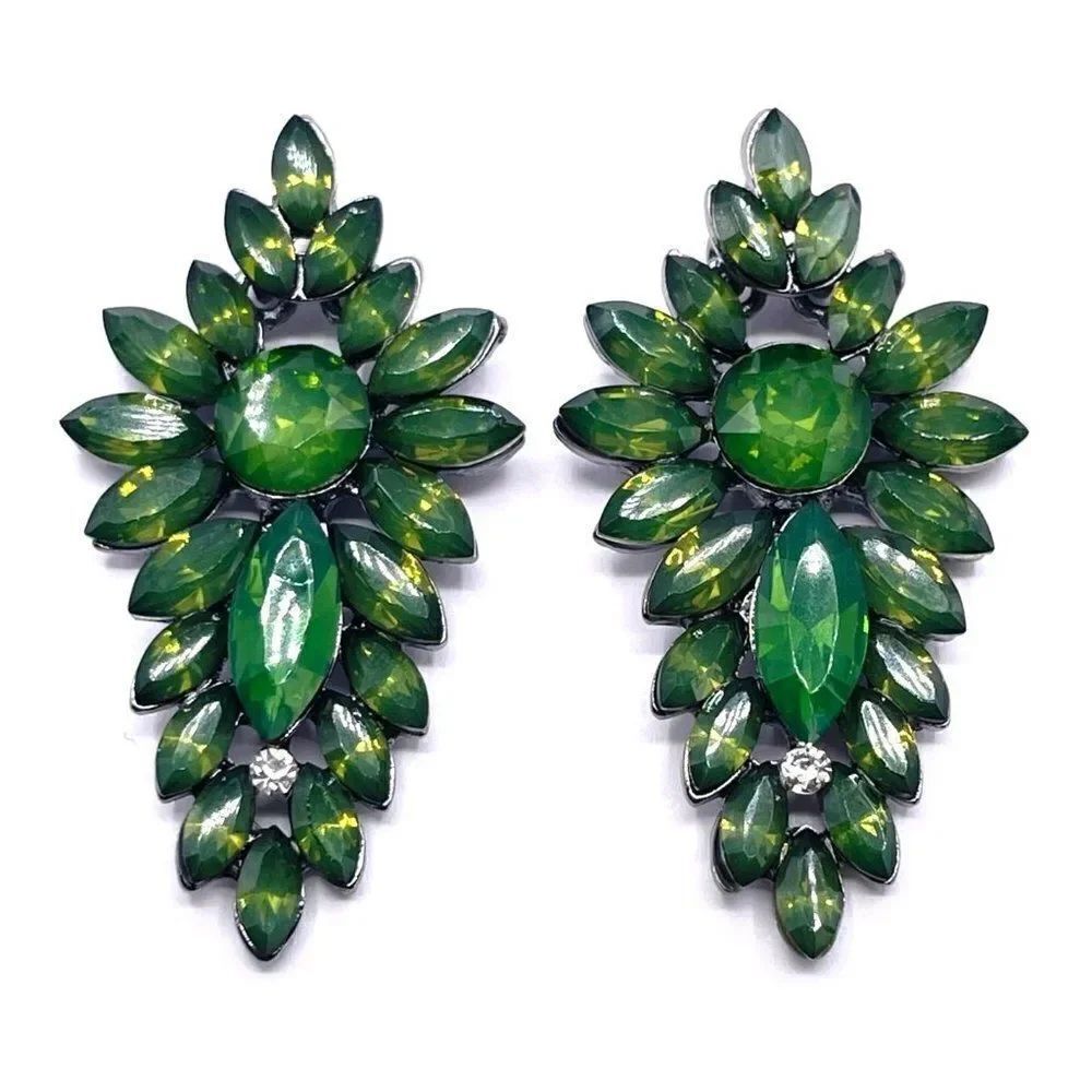 Gunmetal with Dark Green and White Crystal Post Back Statement Earrings